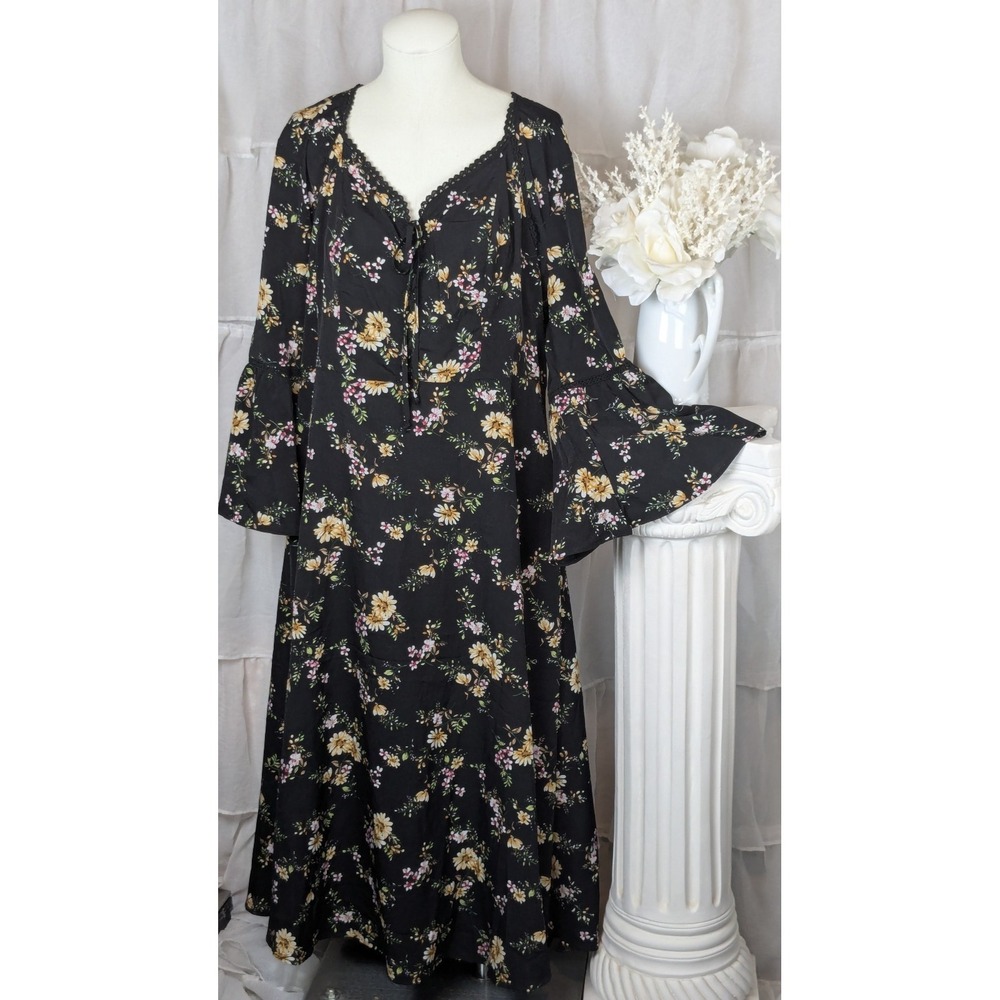 Suzanne Betro Black Floral Tie Front Long Bell Sleeve Midi Dress Size 1X - Picture 2 of 12
